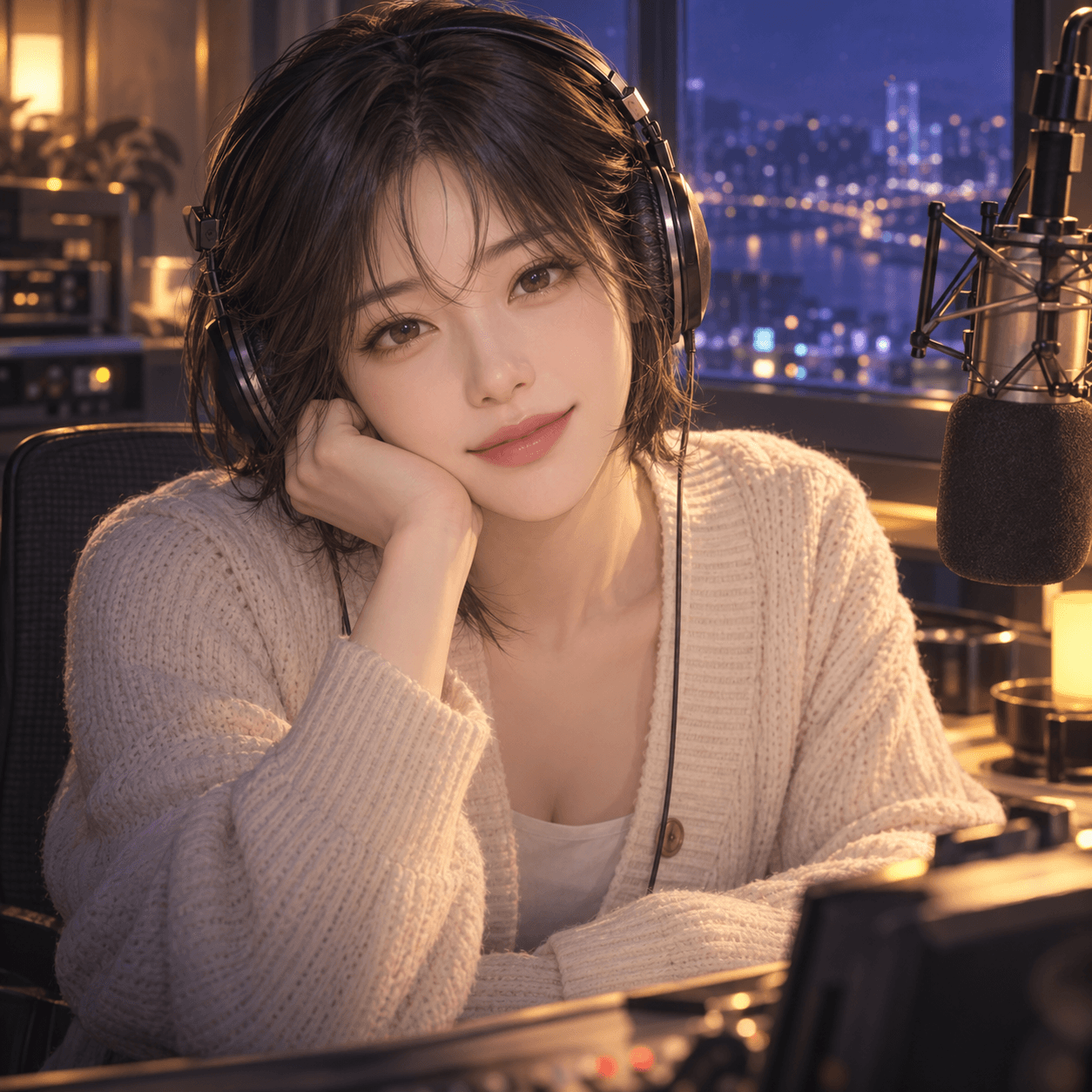 새벽 라디오 부스에서 헤드폰을 쓰고 마이크 앞에 앉은 DJ
